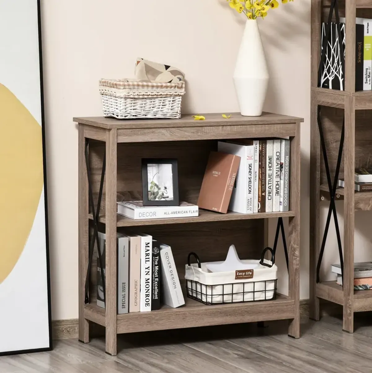 Dark Industrial Shelving: 2-Tier Bookcase with Metal X-Bar