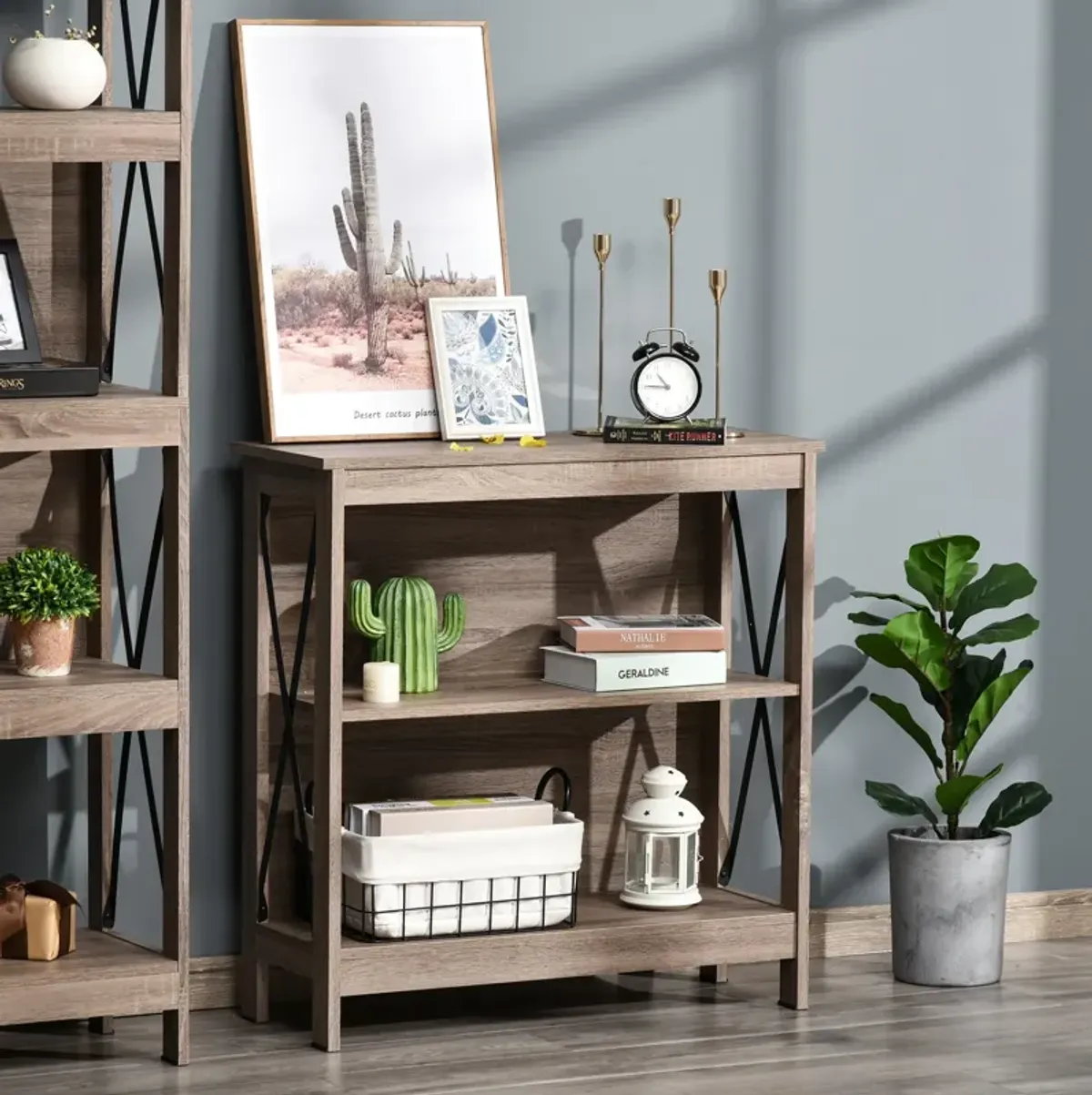 Dark Industrial Shelving: 2-Tier Bookcase with Metal X-Bar