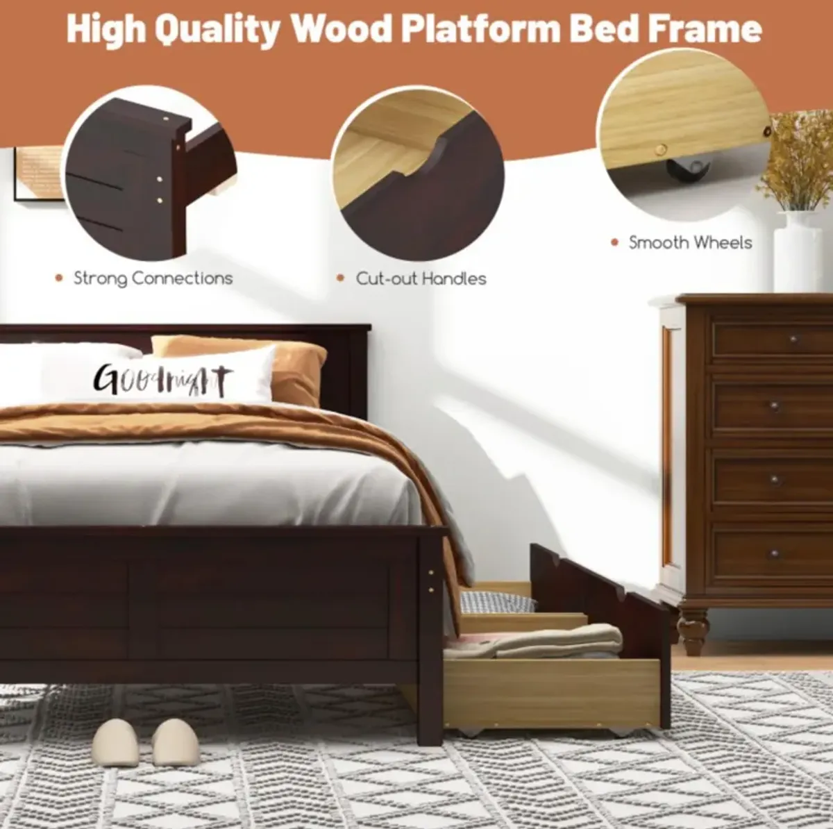 Hivvago Full Size Bed Frame with Storage Drawers and Solid Wood Headboard