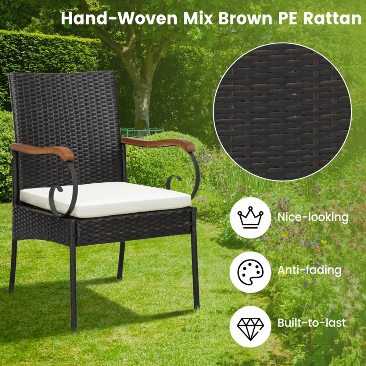 Outdoor PE Wicker Chair with Acacia Wood Armrests