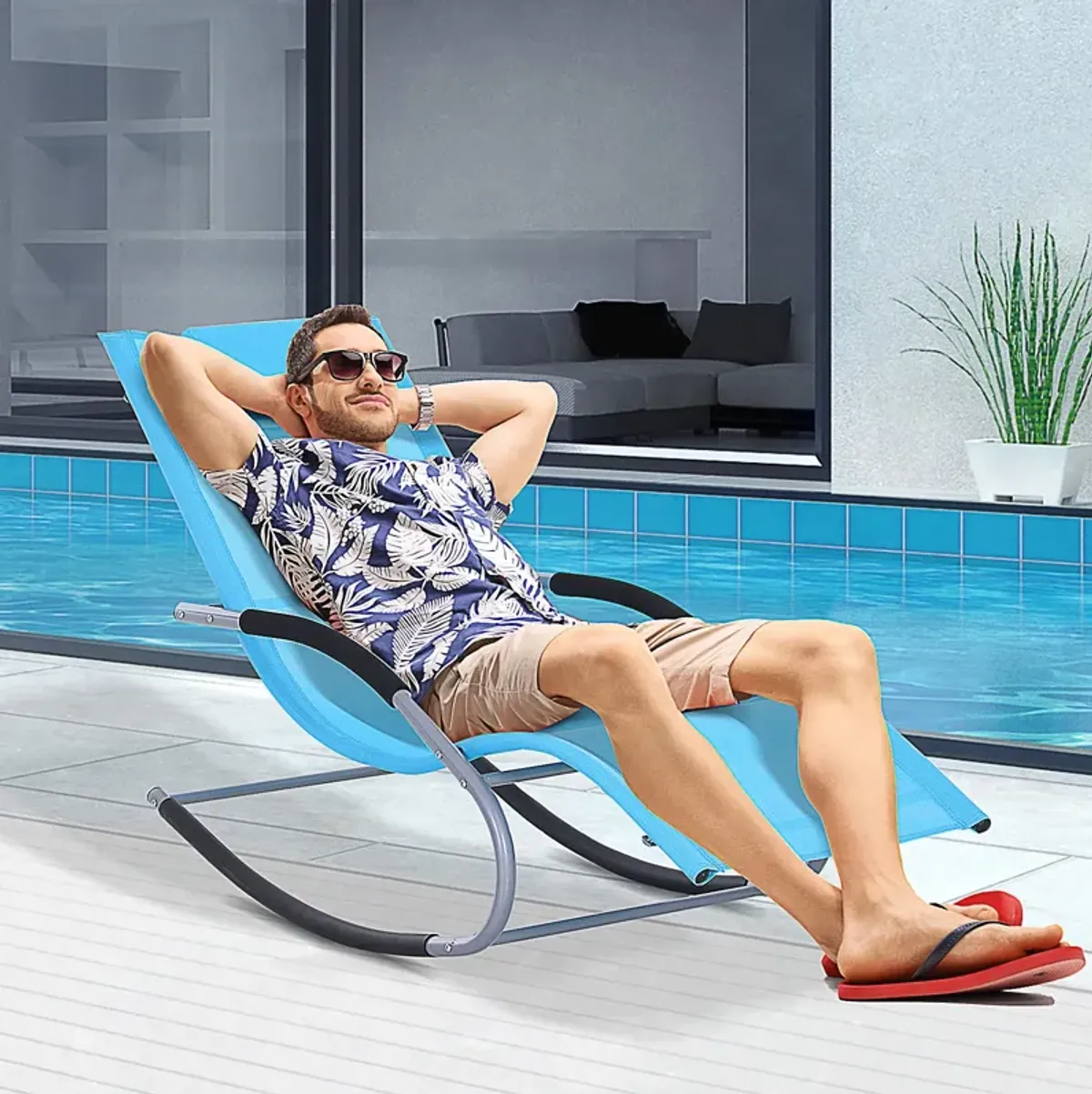 Blue Weather-Resistant Lounger: Chaise Rocker with Detachable Pillow