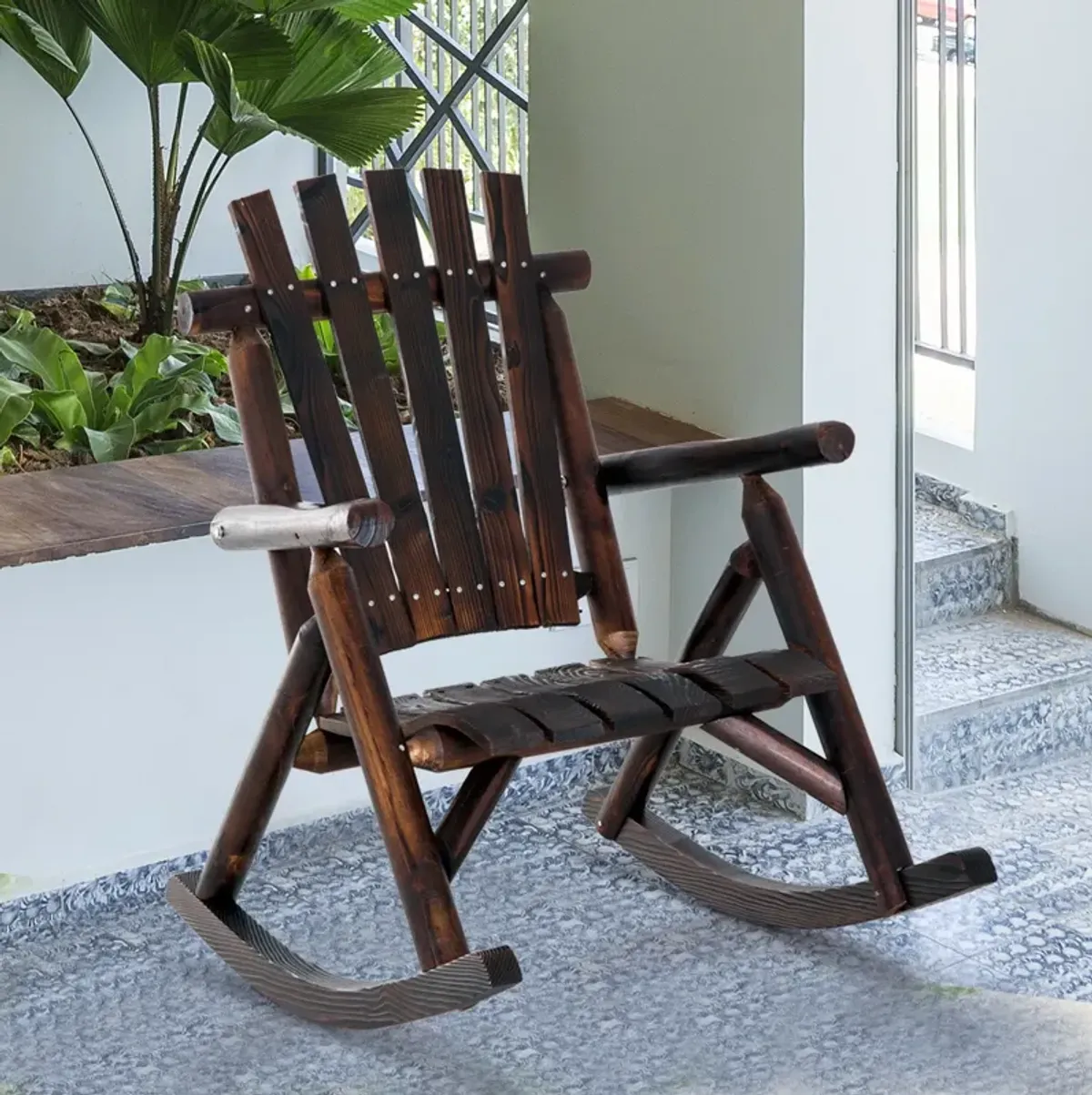 Rustic Porch Perch: Carbonized Wooden Adirondack Log Rocking Chair