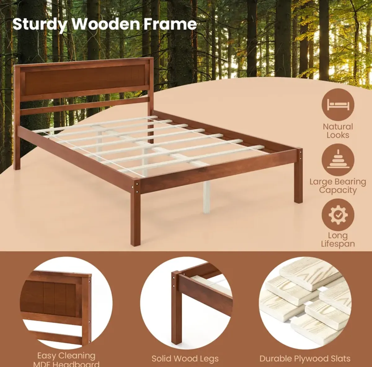 Bed Frame with Wooden Headboard and Slat Support