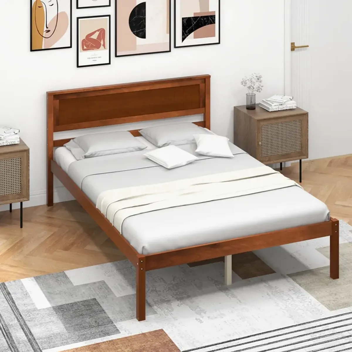 Bed Frame with Wooden Headboard and Slat Support