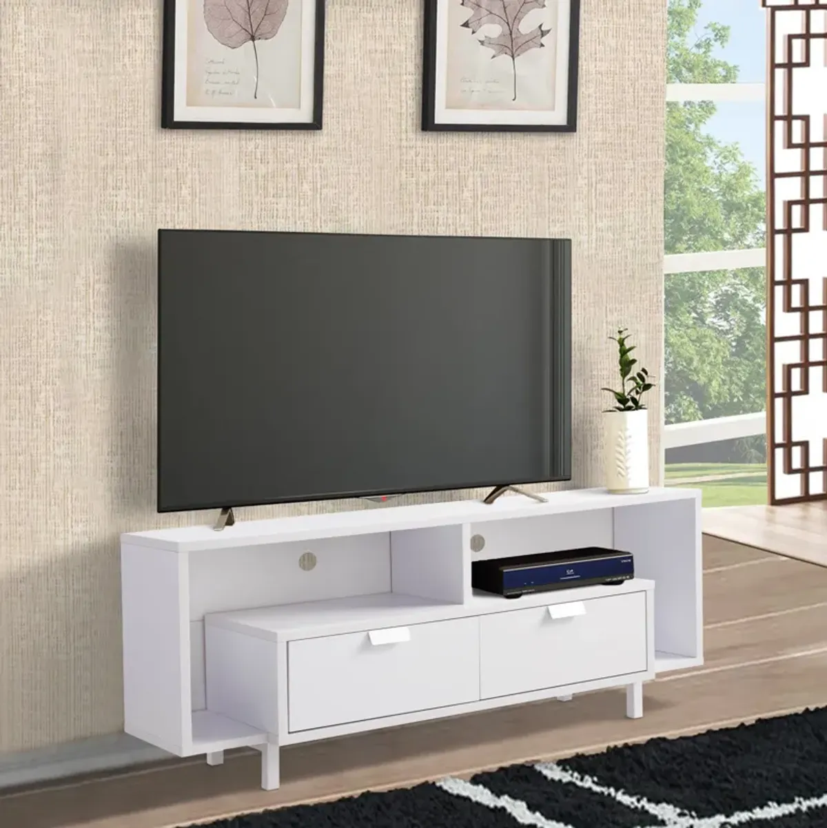 Jett 60 Inch TV Media Entertainment Console, 2 Drawers, 2 Shelves, White-Benzara