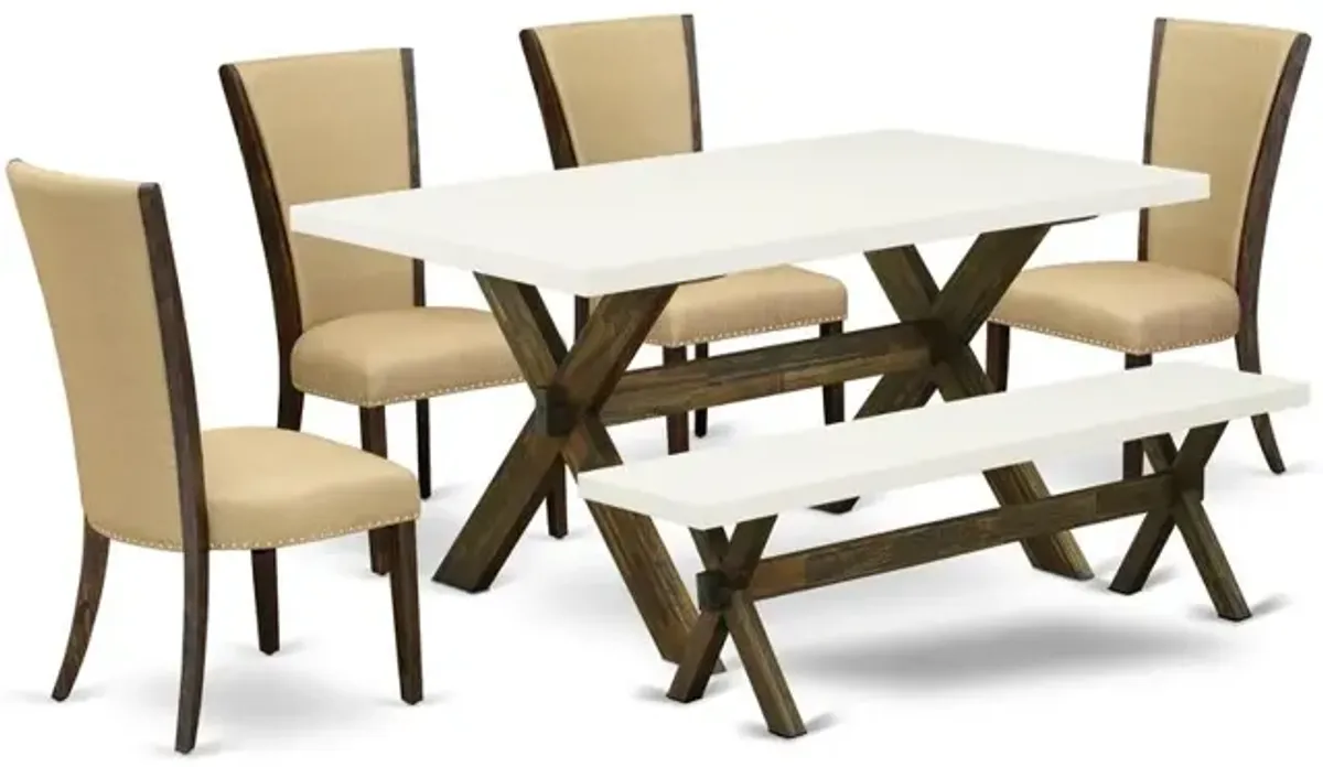 East West Furniture X726VE703-6 6 Piece Table Set - 4 Brown Linen Fabric Comfortable Chair with Nailheads and Linen White Rectangular Dining Table - 1 Wooden Bench - Distressed Jacobean Finish