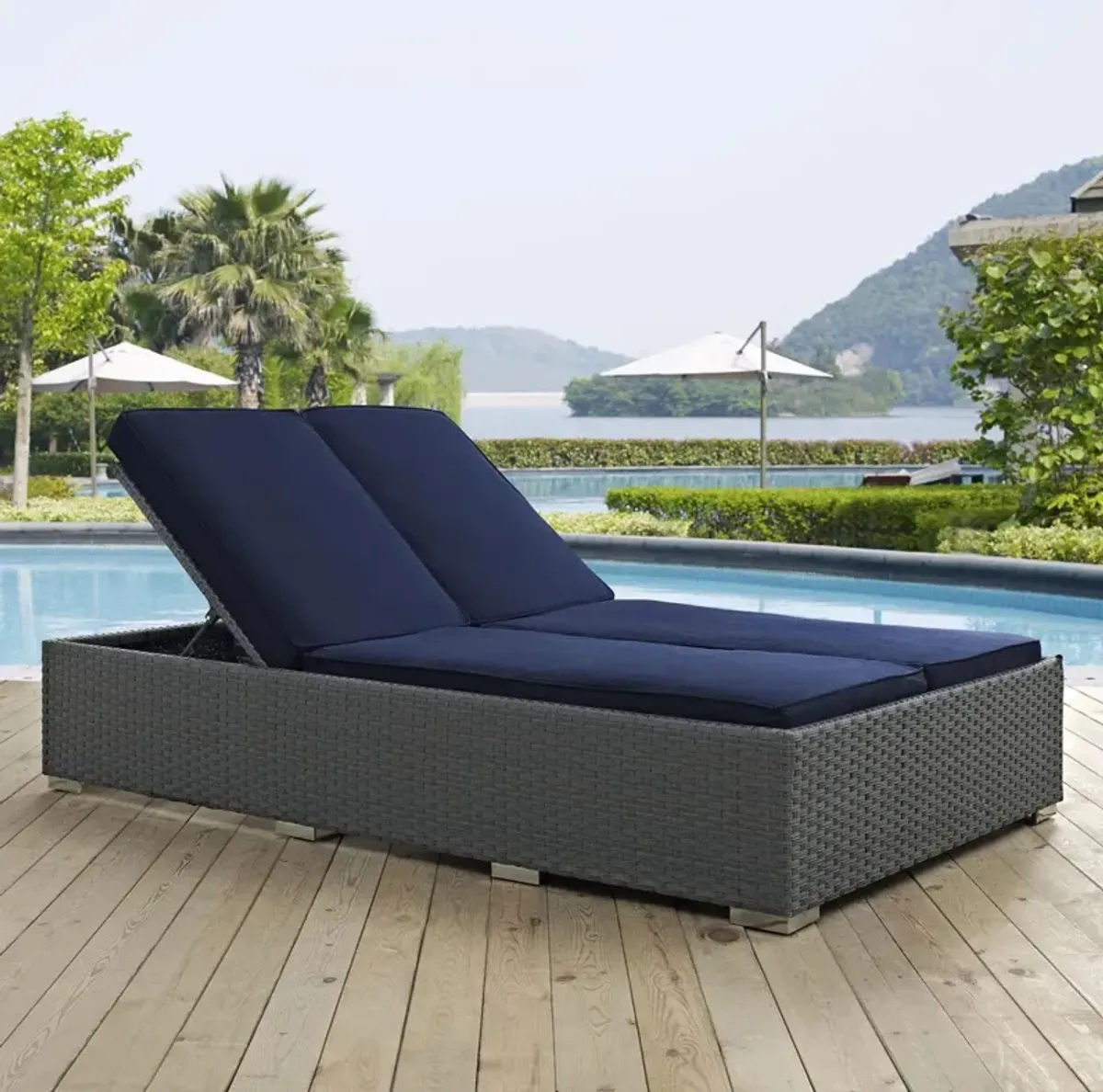 Modway Sojourn Wicker Rattan Outdoor Patio Sunbrella Fabric Double Chaise in Chocolate Navy