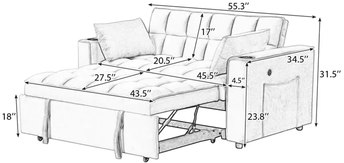 55.3" 41 Multifunctional Sofa Bed With Cup Holder And USB Port For Living Room