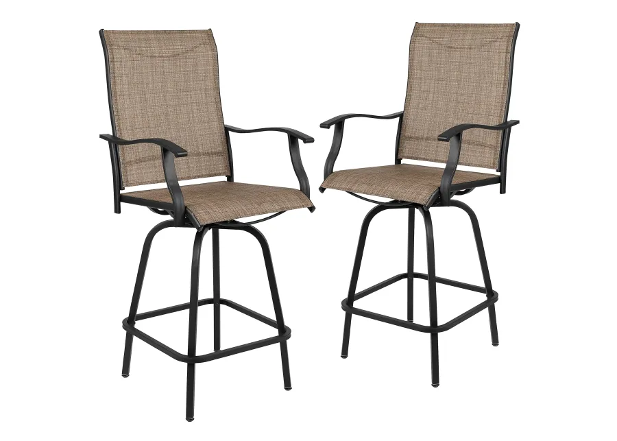 Flash Furniture Valerie Patio Bar Height Stools Set of 2, All-Weather Textilene Swivel Patio Stools with High Back & Armrests in Brown