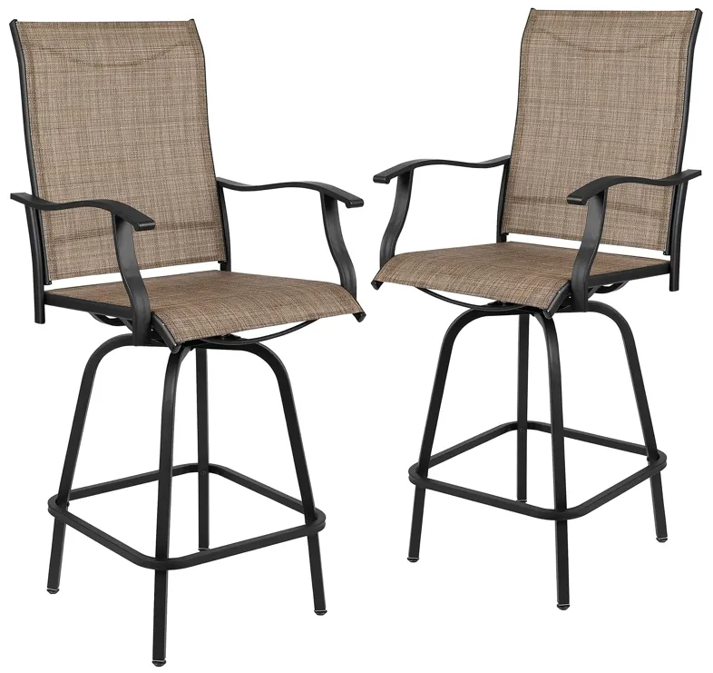 Flash Furniture Valerie Patio Bar Height Stools Set of 2, All-Weather Textilene Swivel Patio Stools with High Back & Armrests in Brown