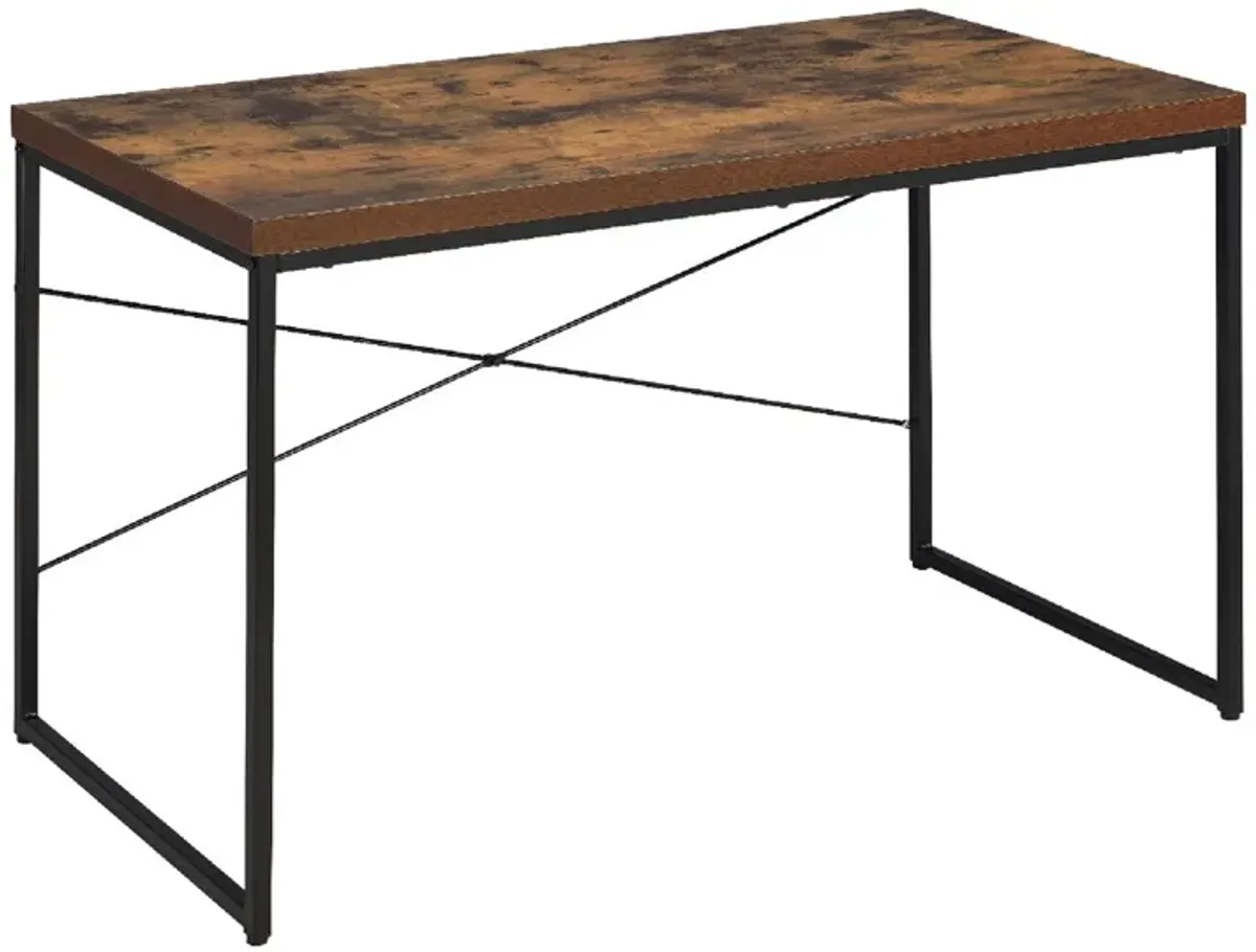 Rectangular Wooden Desk With Metal Base, Weathered Oak Brown And Black-Benzara