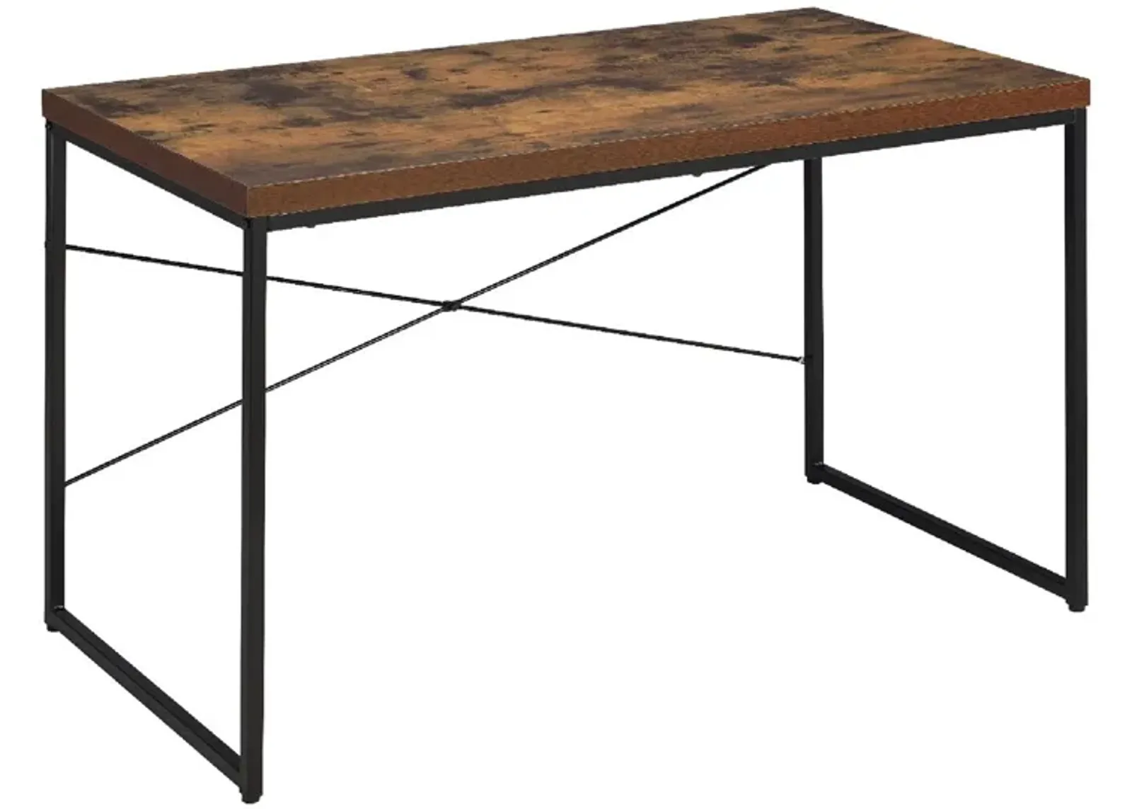 Rectangular Wooden Desk With Metal Base, Weathered Oak Brown And Black-Benzara