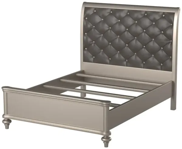 Opulent Wooden Queen Bed With Silver PU Tufted HB, Shinny Silver Finish - Benzara