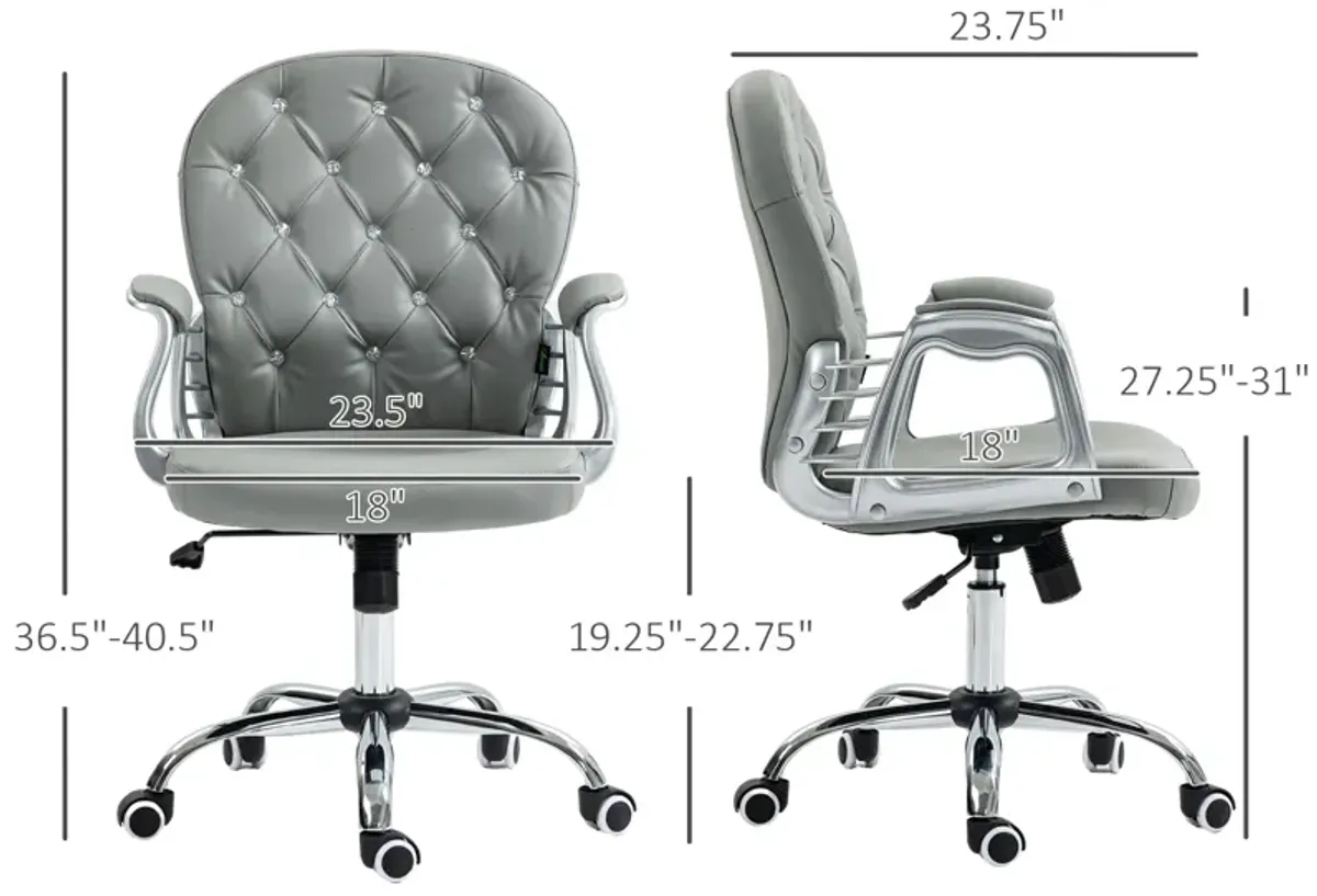 Gray PU Leather Desk Chair: Tufted, Padded Arms, Adjustable