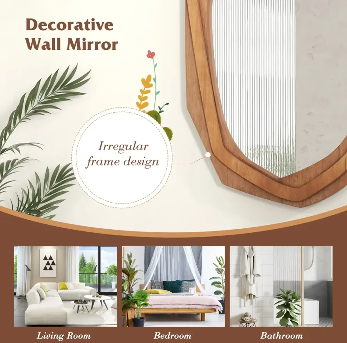 Large Water Proof Irregular Framed Decoration Wall Mirror with Expansion Screws-Natural