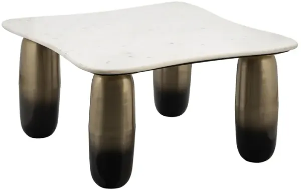 Benjara 30 Inch Coffee Table, Square Marble Top, Cylindrical Metal Base, White, Gold, Black