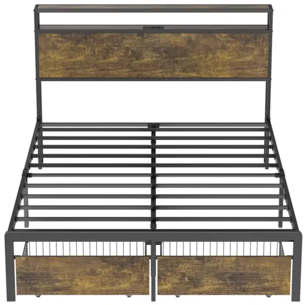 Bed Frame with LED Lights and Charging Station - Robust Metal Wood Construction, Rustic Wood Platform Bed Frame with 2 Drawers, No Box Spring Needed, Noise Free, Vintage Brown, Easy Assemble