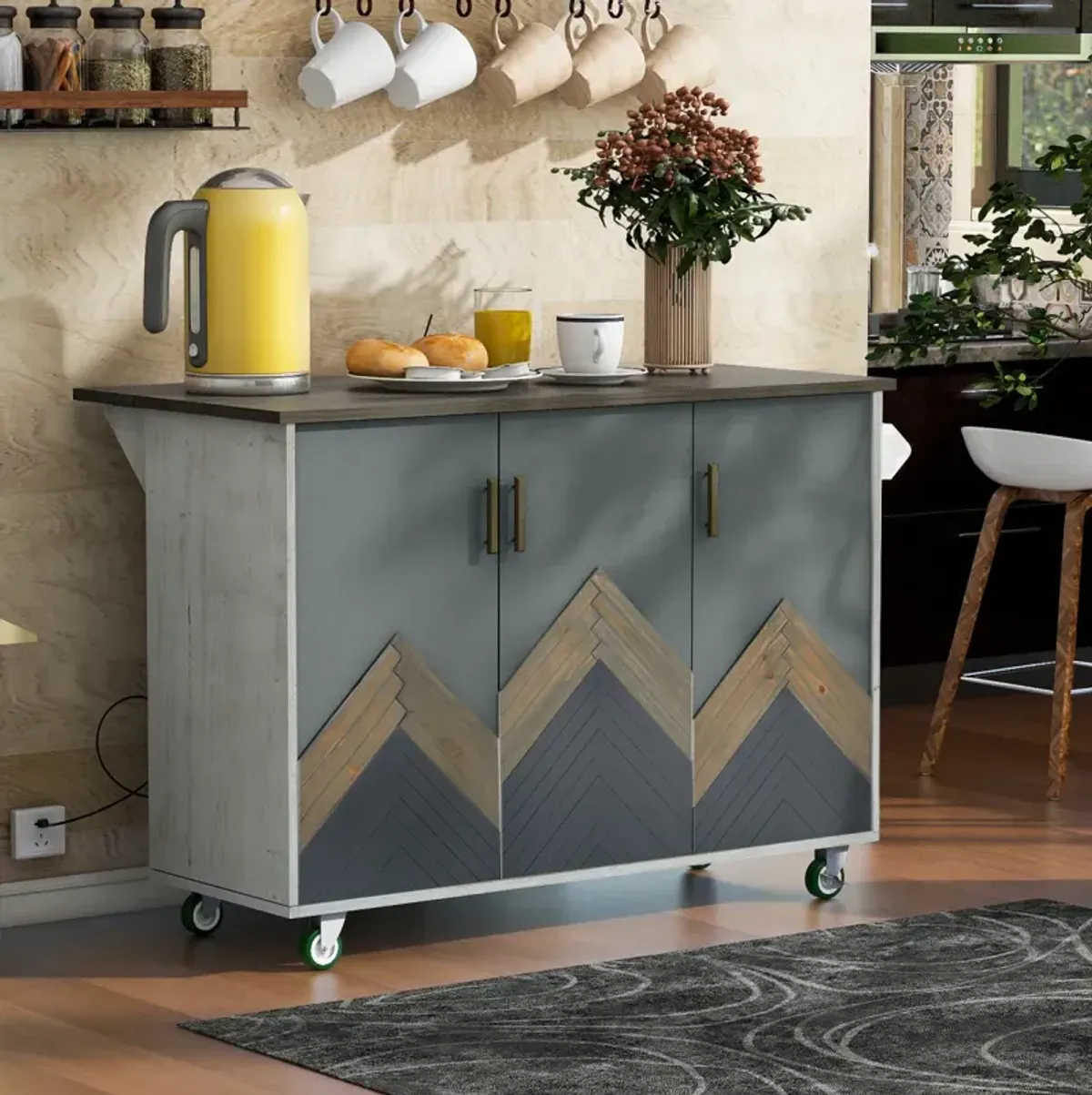 Farmhouse Kitchen Island on Wheels with Storage Rack