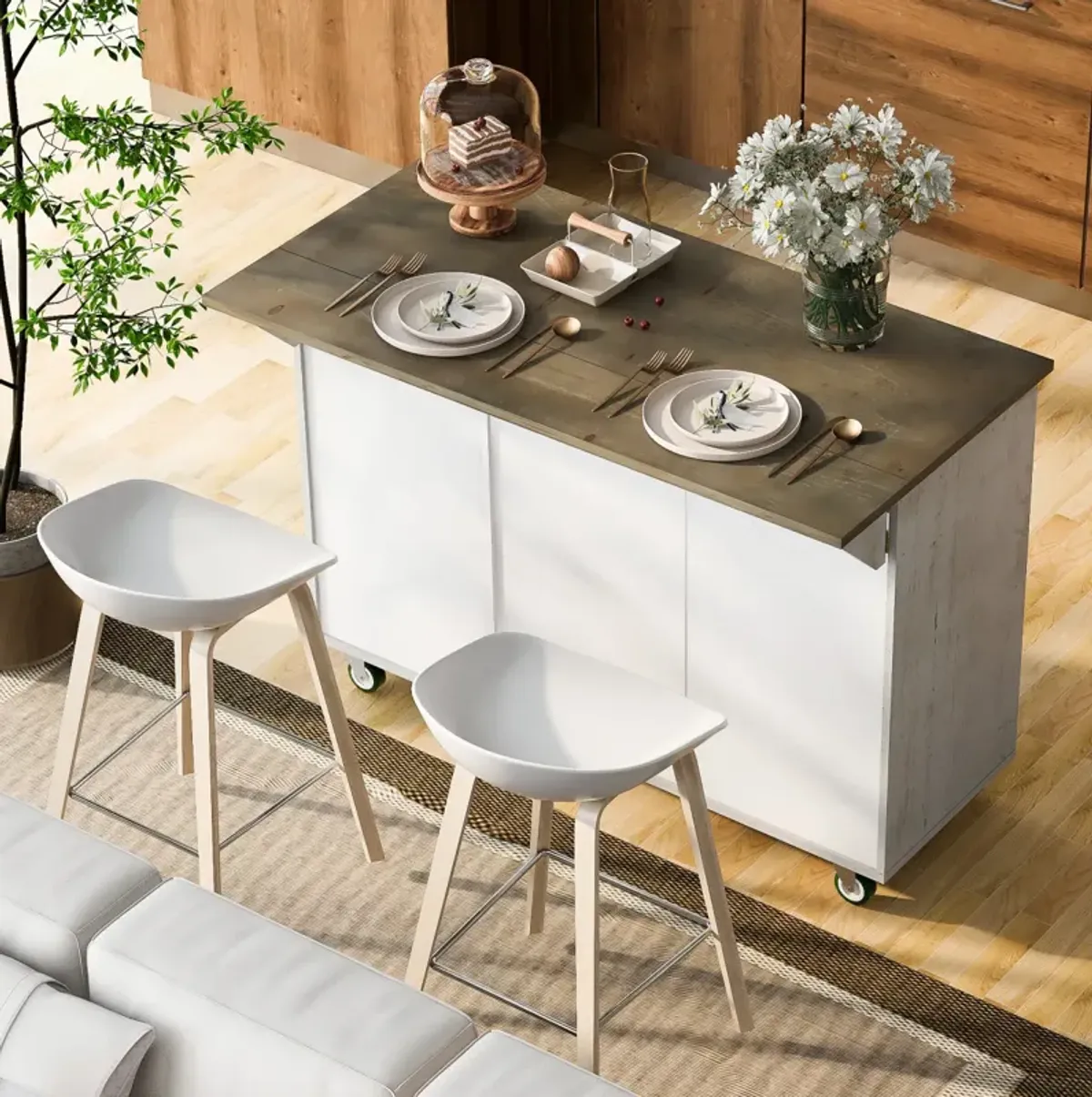 Farmhouse Kitchen Island on Wheels with Storage Rack