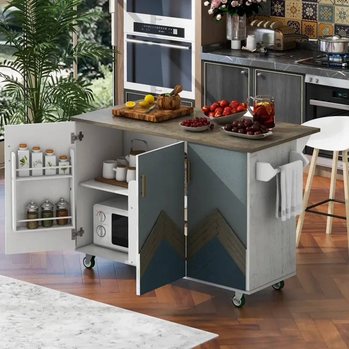 Farmhouse Kitchen Island on Wheels with Storage Rack