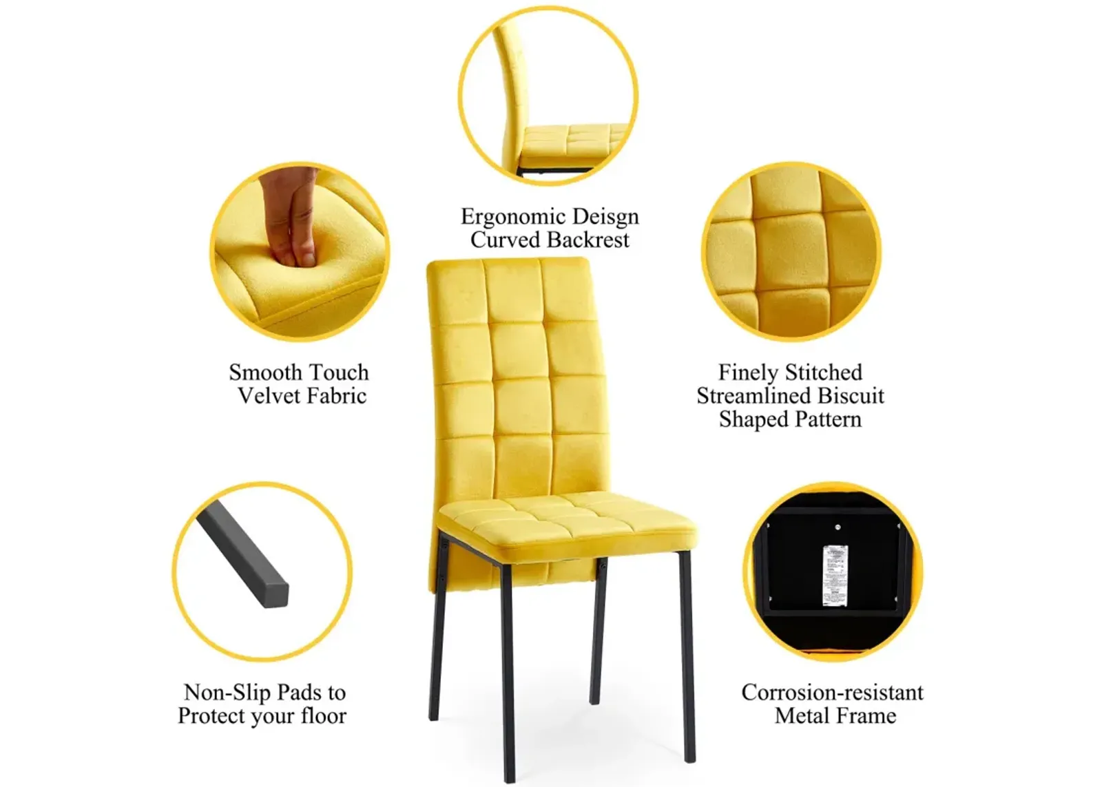 Yellow Velvet High Back Nordic Dining Chair Modern Fabric Chair With Black Legs, Set Of 2