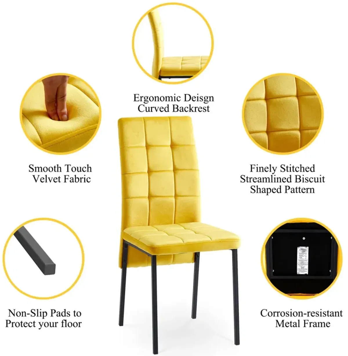 Yellow Velvet High Back Nordic Dining Chair Modern Fabric Chair With Black Legs, Set Of 2