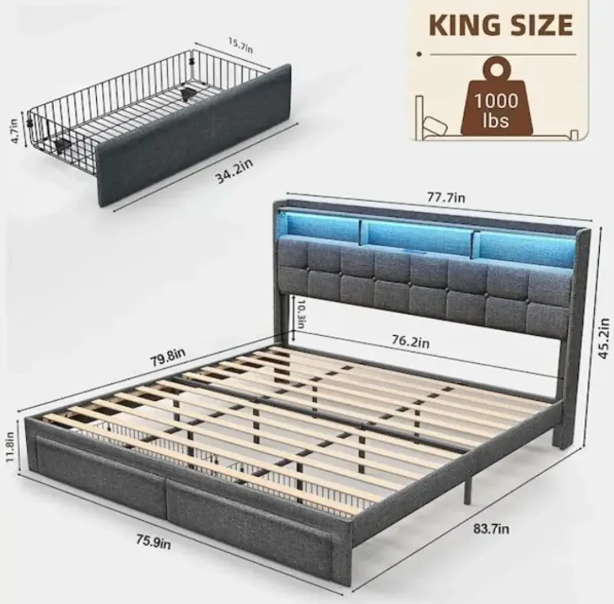 King Size LED Bed Frame with Storage, Dark Gray Wood & Metal Platform Bed