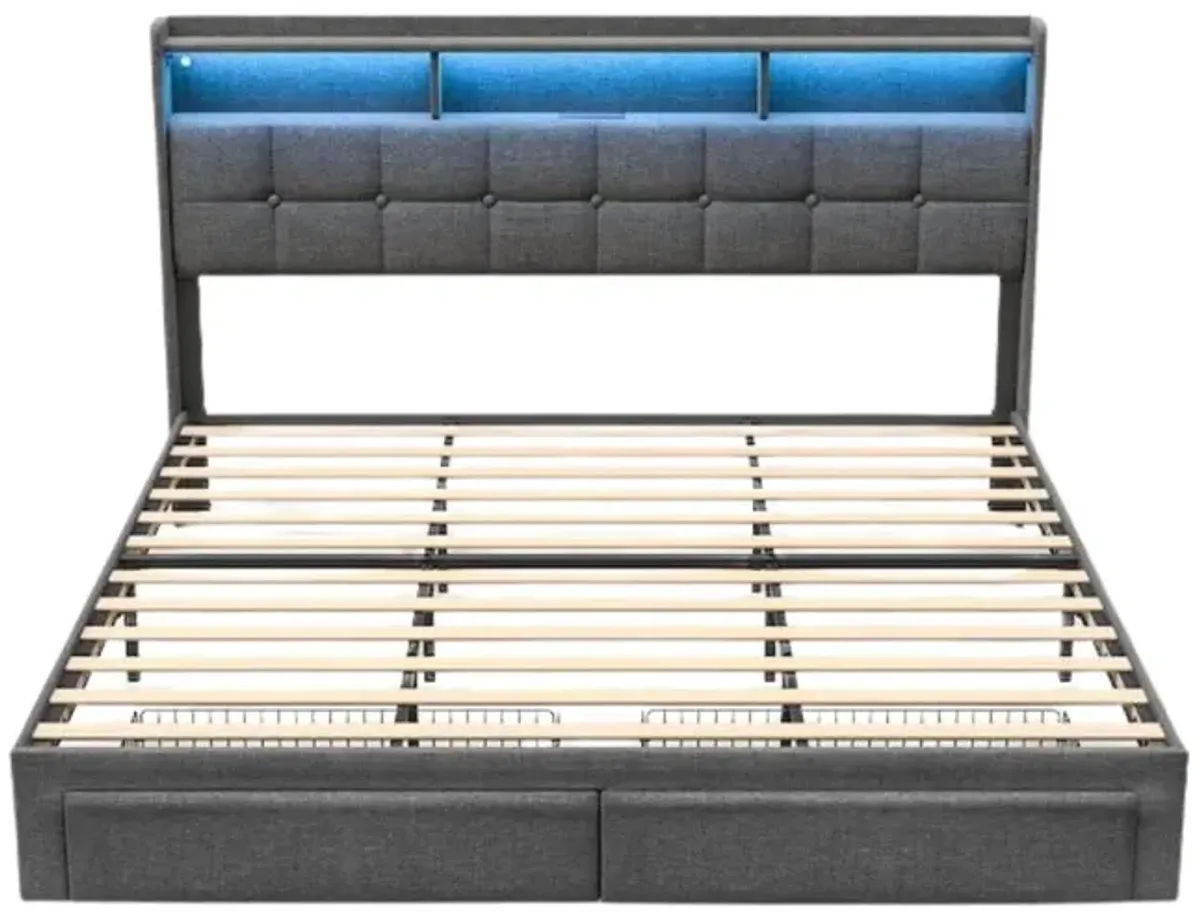 King Size LED Bed Frame with Storage, Dark Gray Wood & Metal Platform Bed