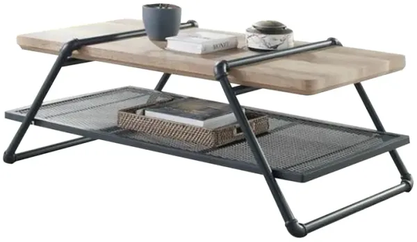 Coffee Table with Wooden Top and Mesh Shelf, Brown and Black-Benzara