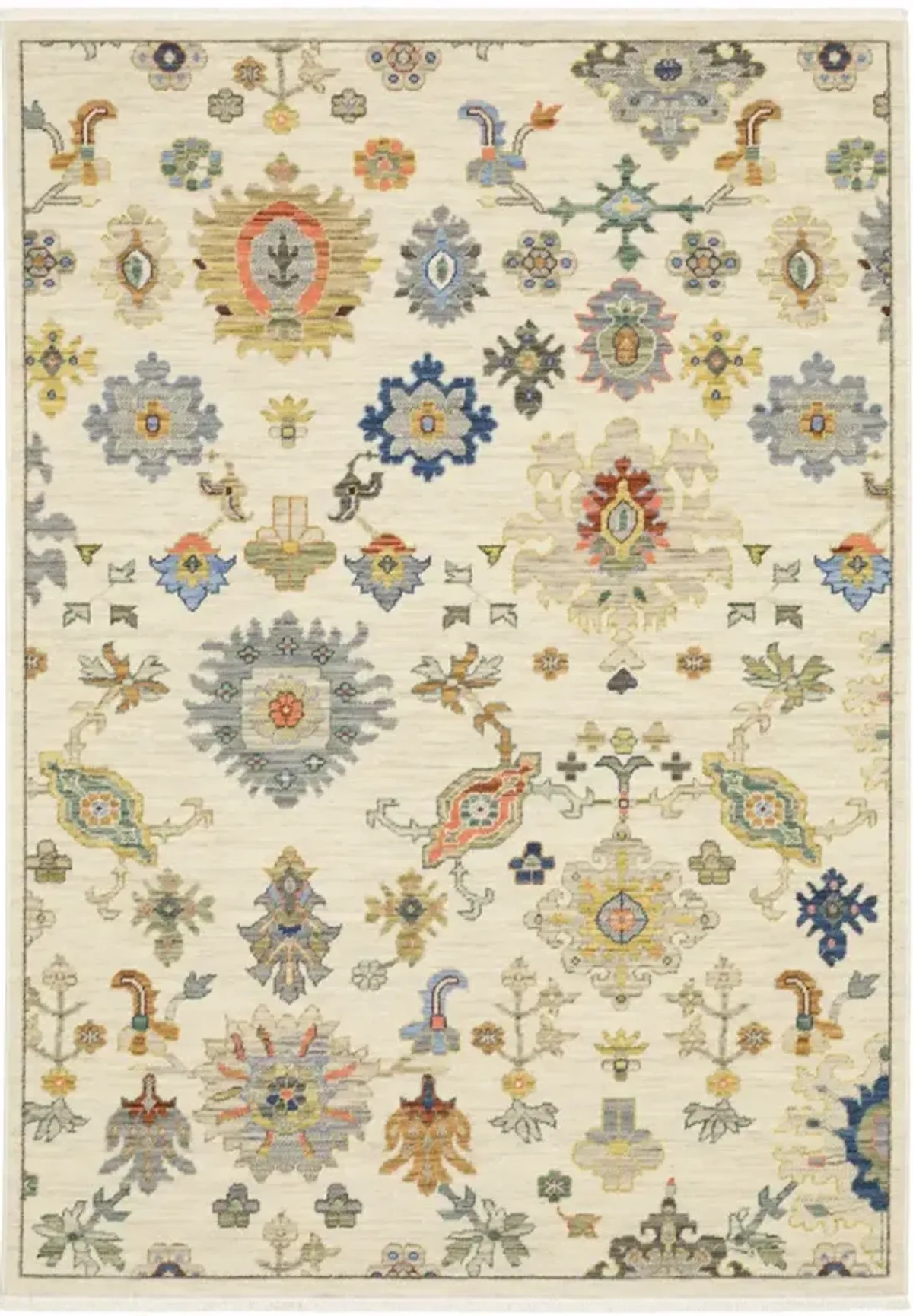 3 X 5 Ivory Beige gold grey Blue Pink Red Rust And green Oriental Power Loom Stain Resistant Area Rug With Fringe