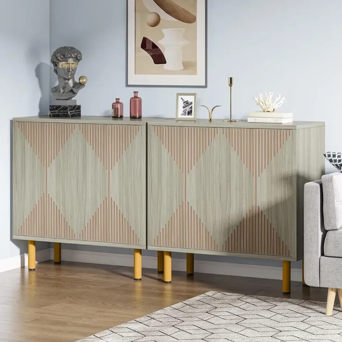 Modern Grey Storage Cabinet, Freestanding Floor Cabinet, Classic 59 inches Sideboard, Wood Buffet Cabinet with Doors, Large Storage Cabinet for Living Room, Dining Room, Garage, Deck Boxes