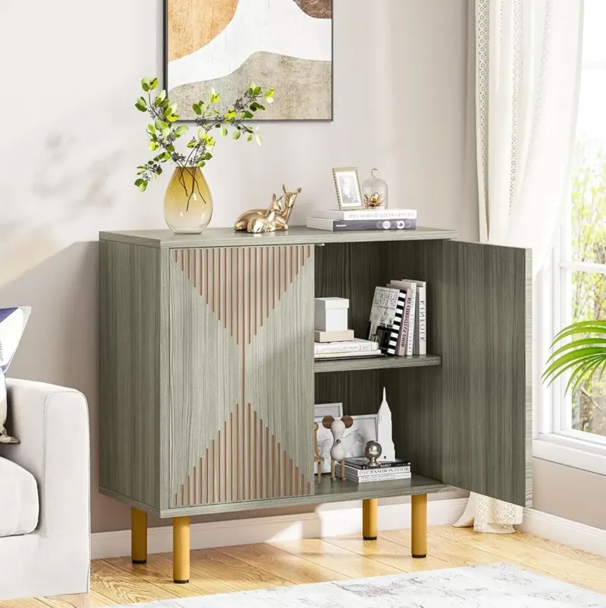 Modern Grey Storage Cabinet, Freestanding Floor Cabinet, Classic 59 inches Sideboard, Wood Buffet Cabinet with Doors, Large Storage Cabinet for Living Room, Dining Room, Garage, Deck Boxes