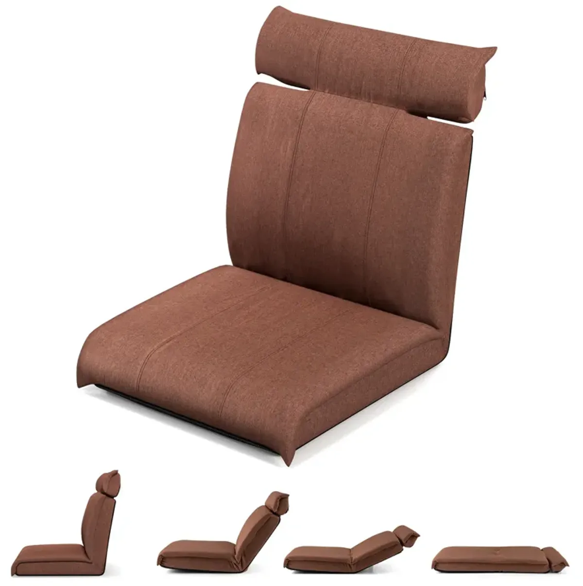 Folding Floor Chair with 14-Poistion Adjustable Backrest and 5-Position Adjustable Headrest-Brown