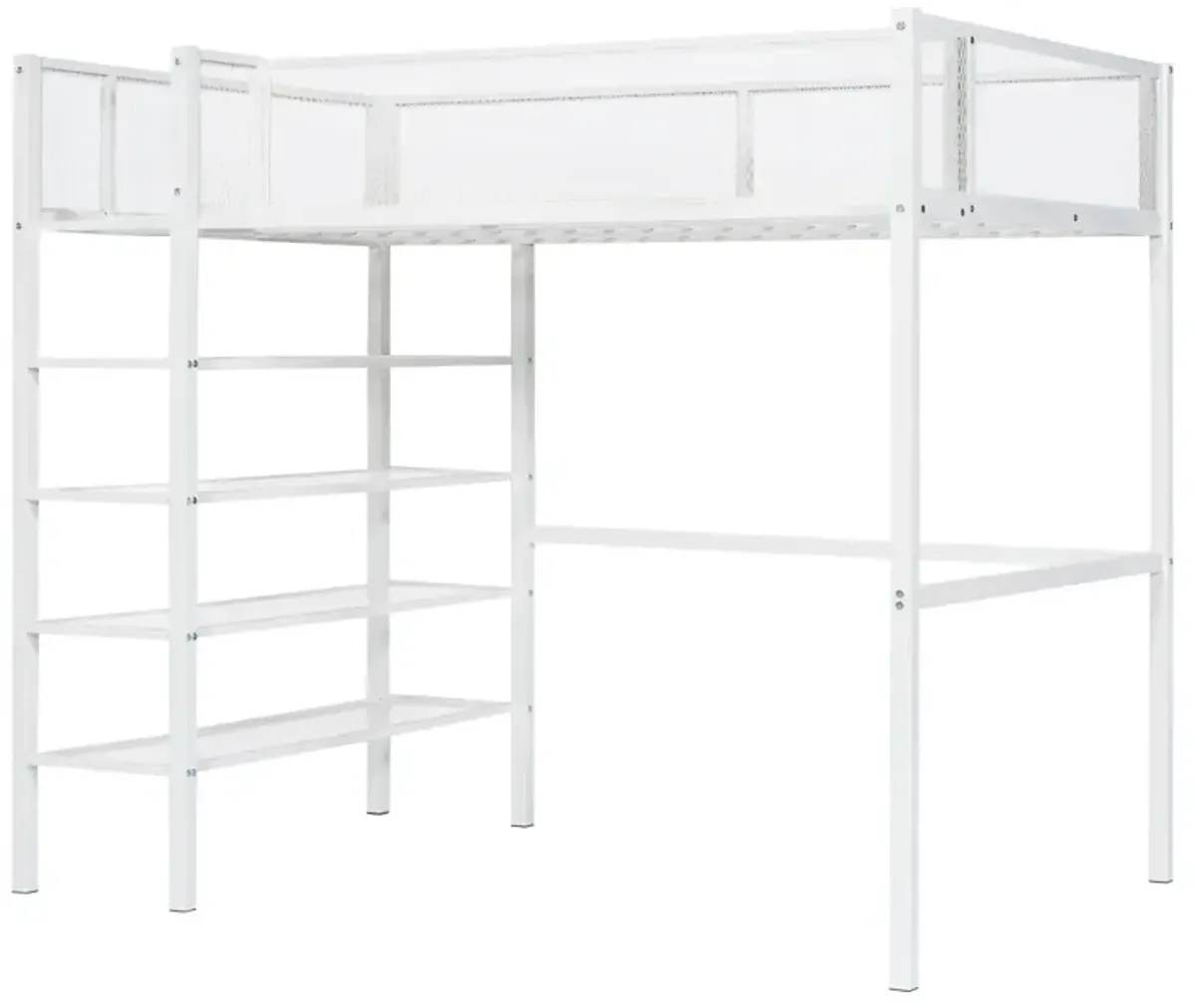 Twin Size Metal Loft Bed With 4Tier Shelves And Storage, White