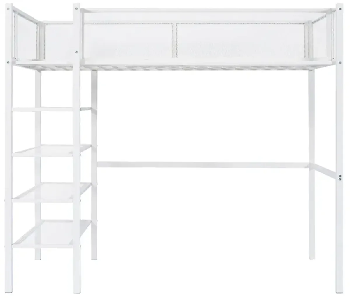 Twin Size Metal Loft Bed With 4Tier Shelves And Storage, White