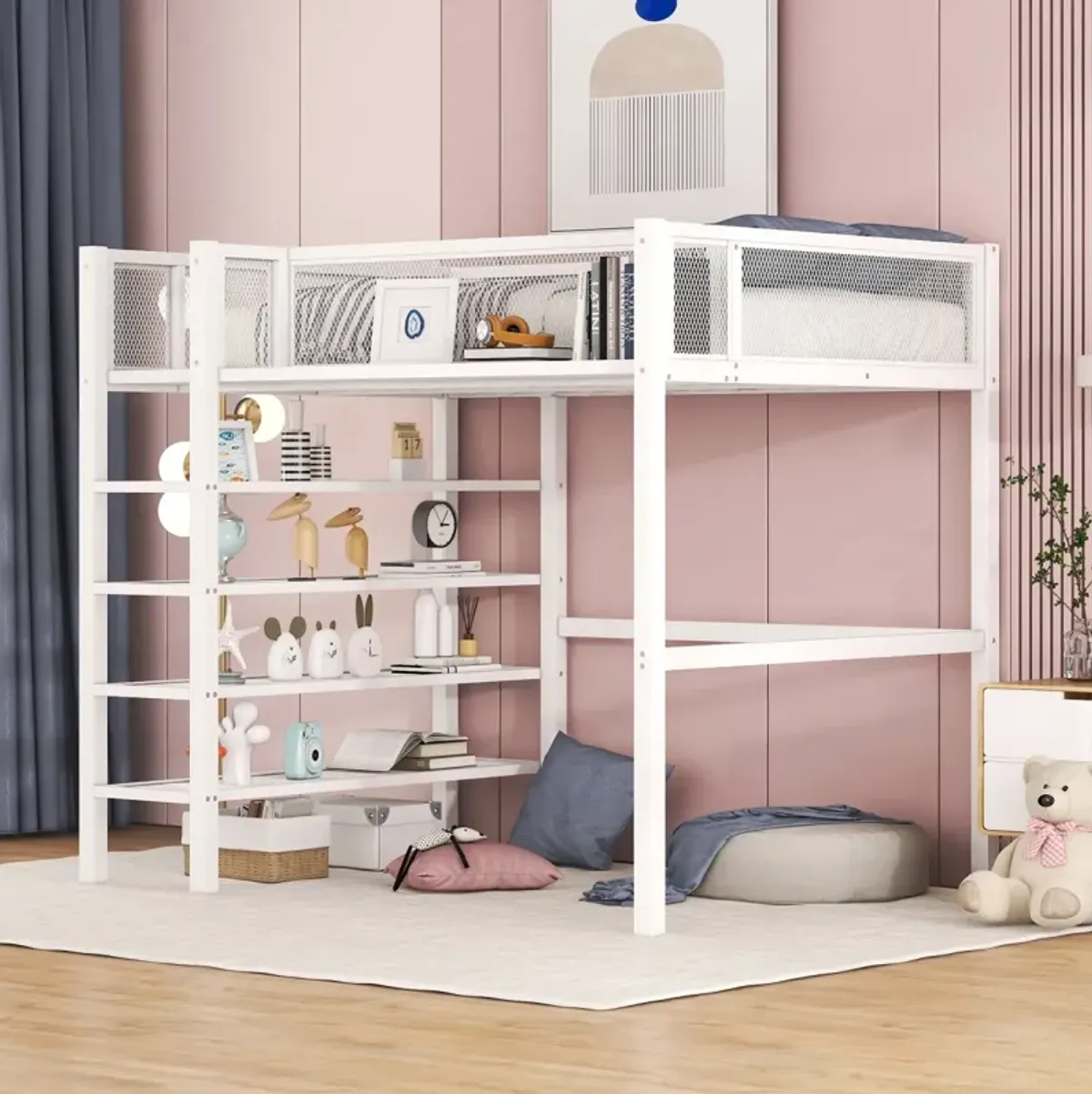 Twin Size Metal Loft Bed With 4Tier Shelves And Storage, White