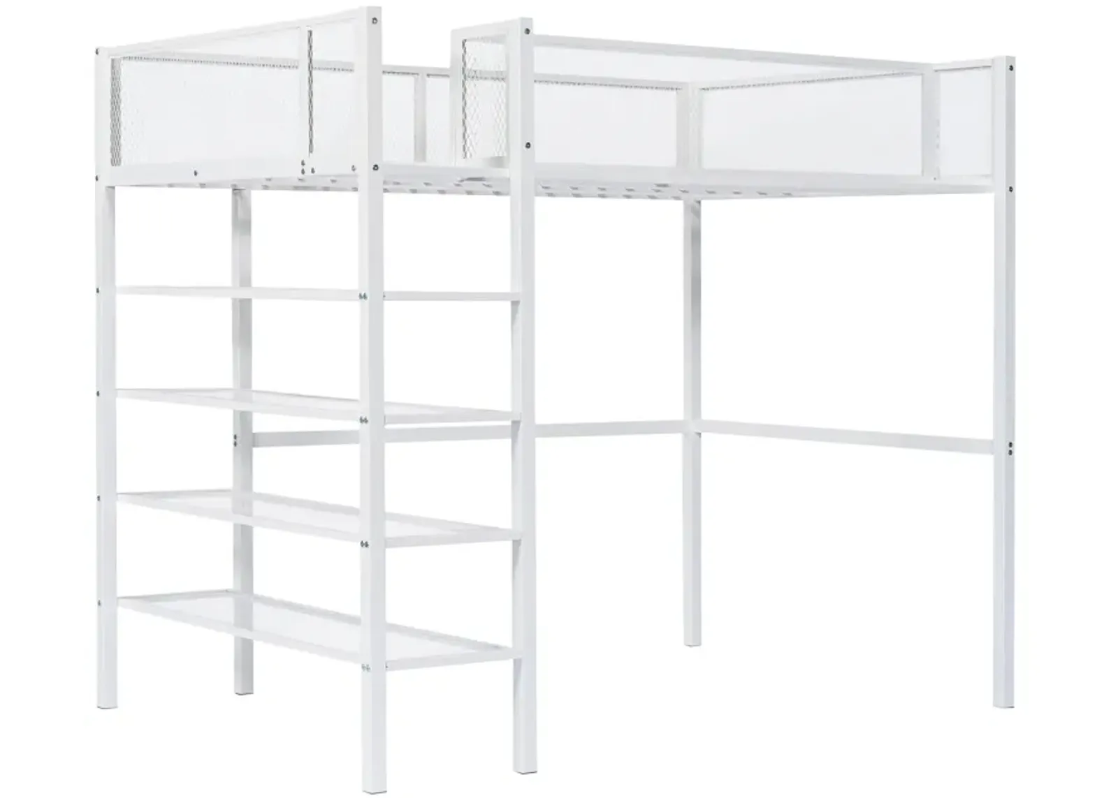 Twin Size Metal Loft Bed With 4Tier Shelves And Storage, White