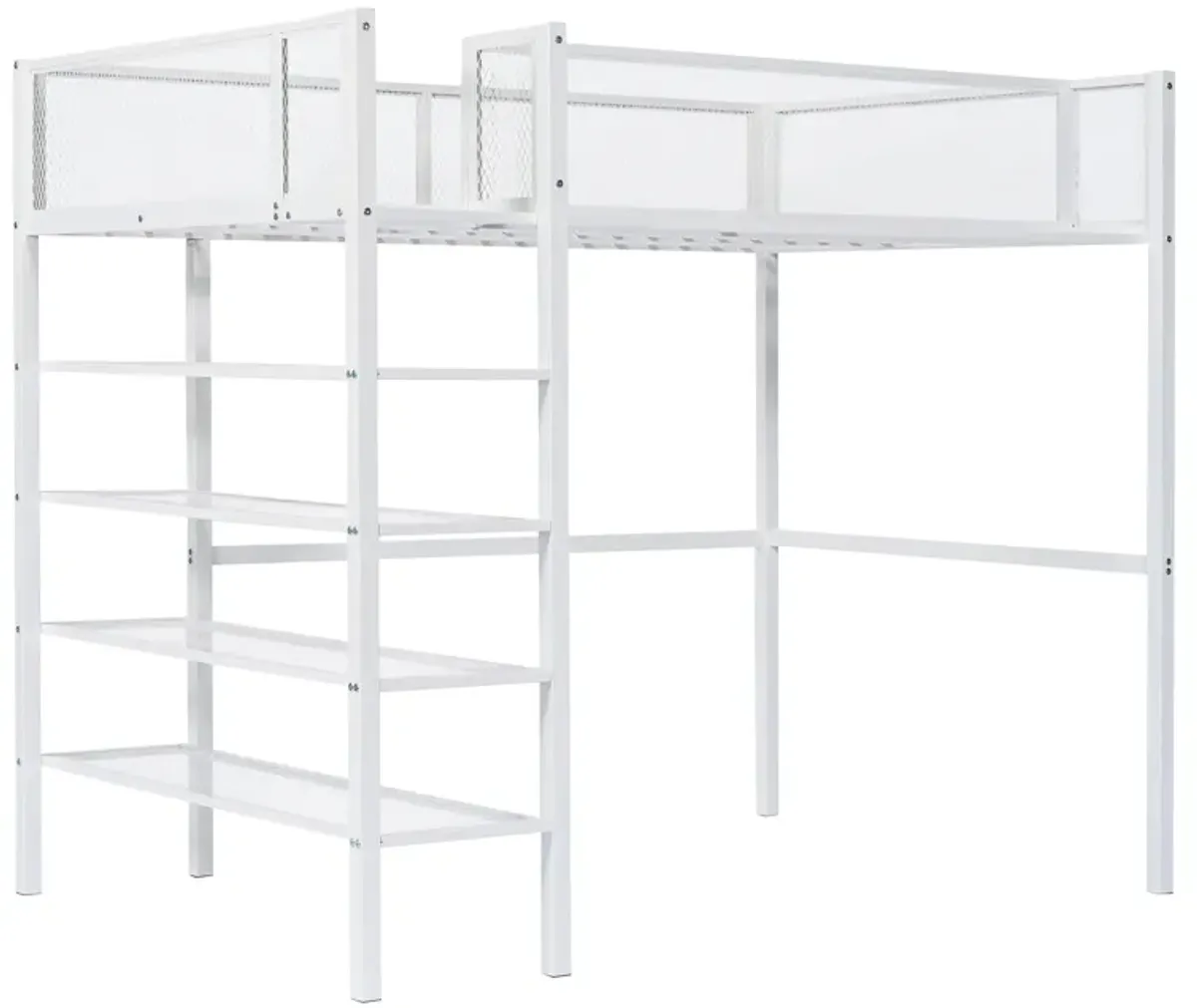 Twin Size Metal Loft Bed With 4Tier Shelves And Storage, White