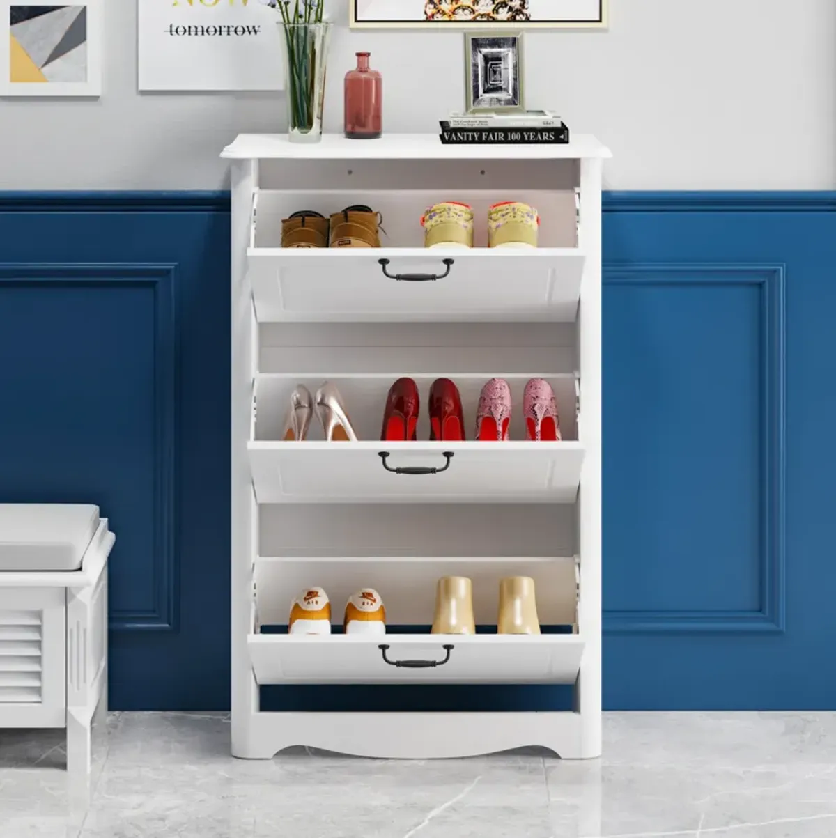 FUFU&GAGA 44" H 3-Tier White MDF Shoe Cabinet with Flip Drawers, Holds 12 Pairs ,(28.2" W x 10.4" D x 44" H),White