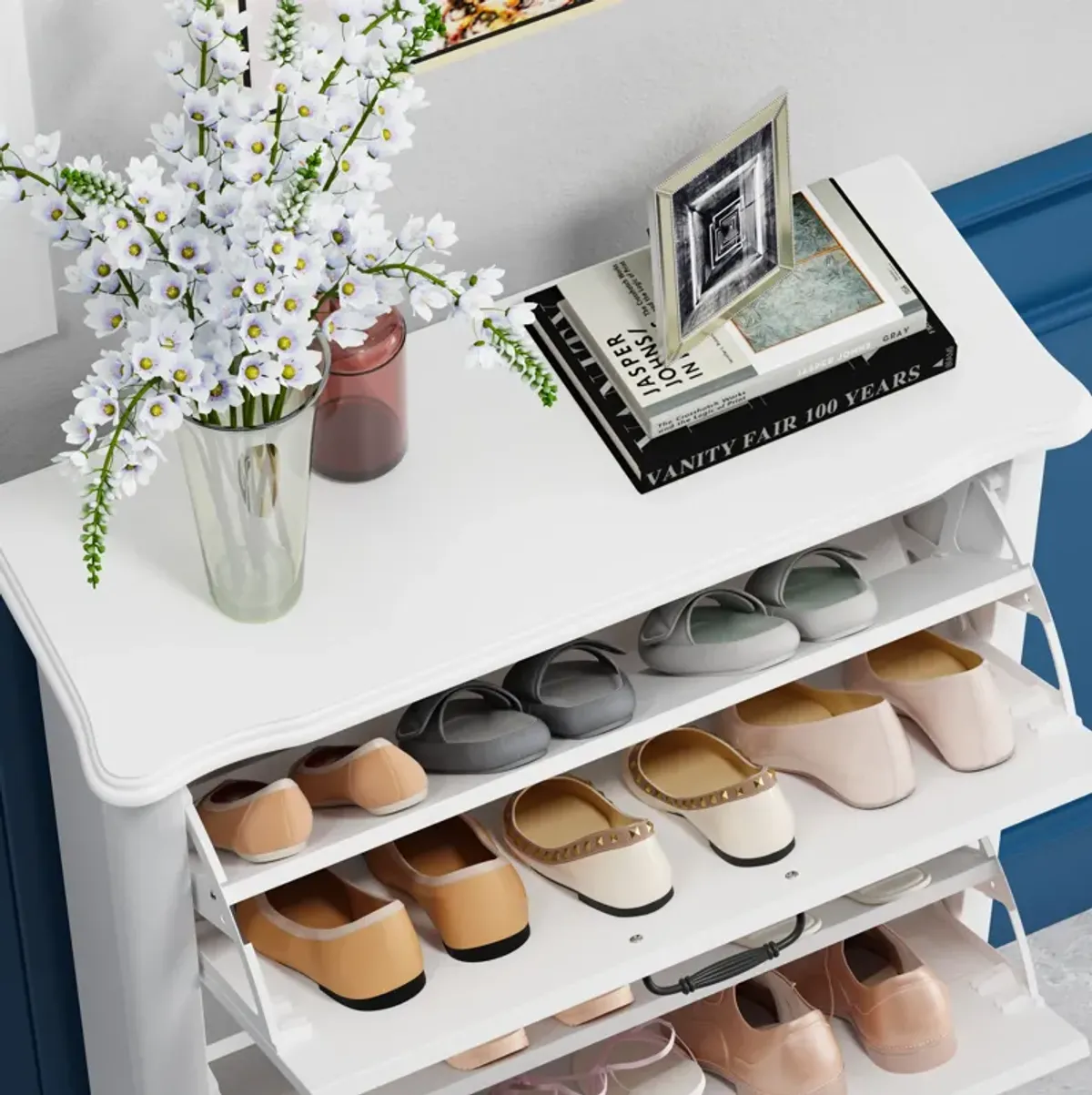 FUFU&GAGA 44" H 3-Tier White MDF Shoe Cabinet with Flip Drawers, Holds 12 Pairs ,(28.2" W x 10.4" D x 44" H),White