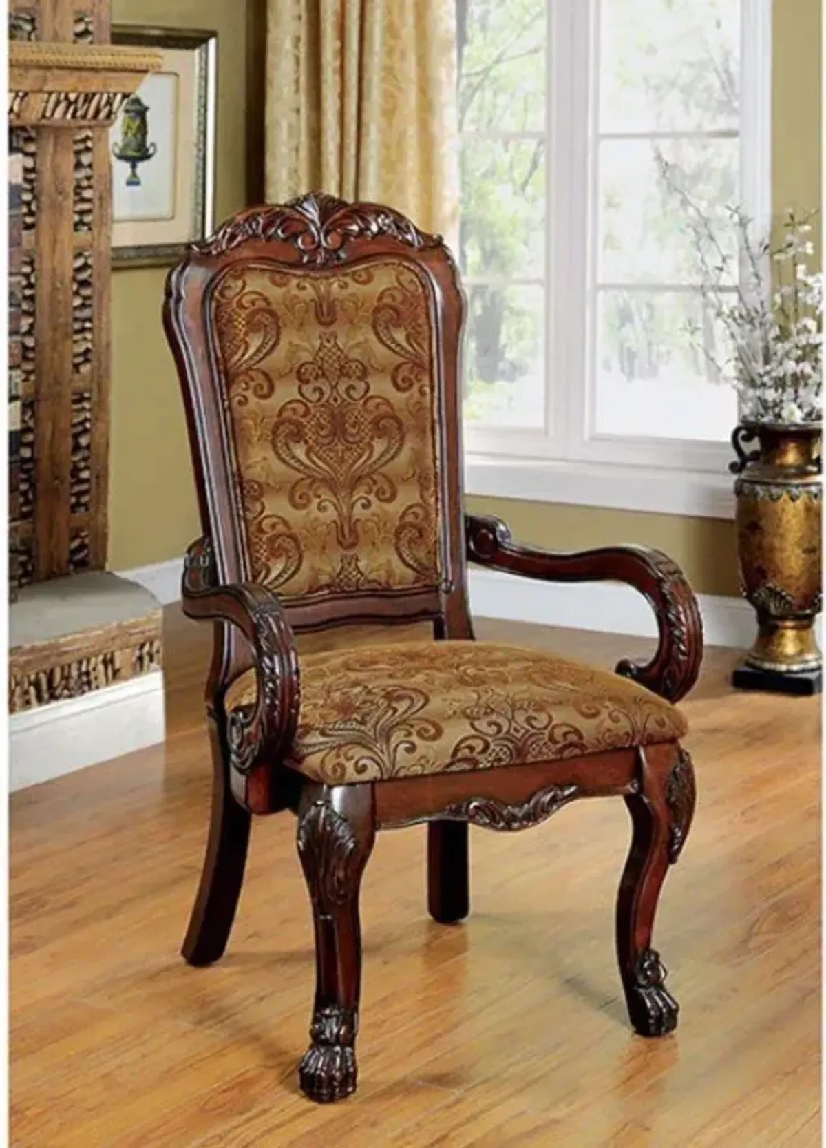 Traditional Fabric Upholstered Arm Chair with Carving, Set of 2, Brown