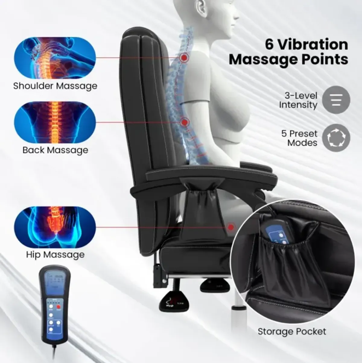 Hivvago Massage Adjustable Executive Chair with Armrests and Retractable Footrest-Black