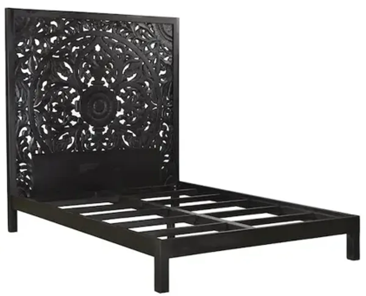 Porter Designs Bali Solid Hand Carved Wood Queen Bed, Black