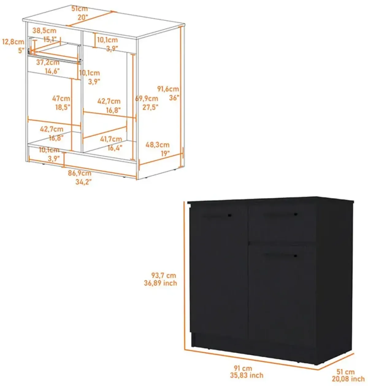 Loonam 2-Door 1-Drawer Dresser Black