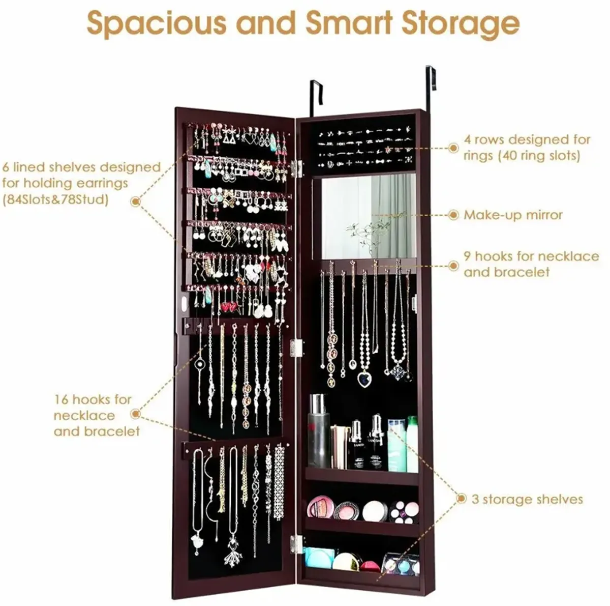 Full Length Mirror Jewelry Cabinet with Ring Slots and Necklace Hooks