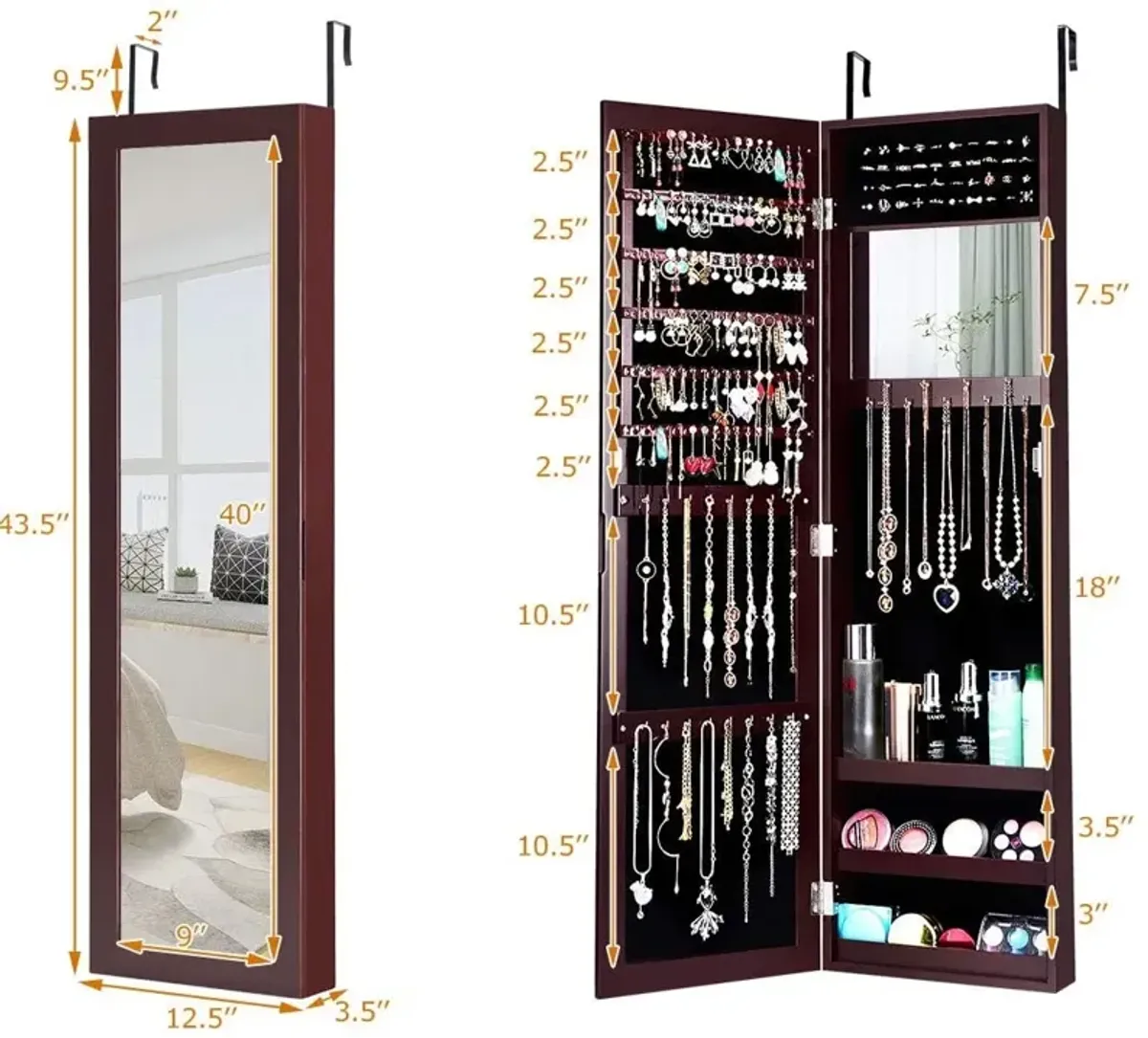 Full Length Mirror Jewelry Cabinet with Ring Slots and Necklace Hooks