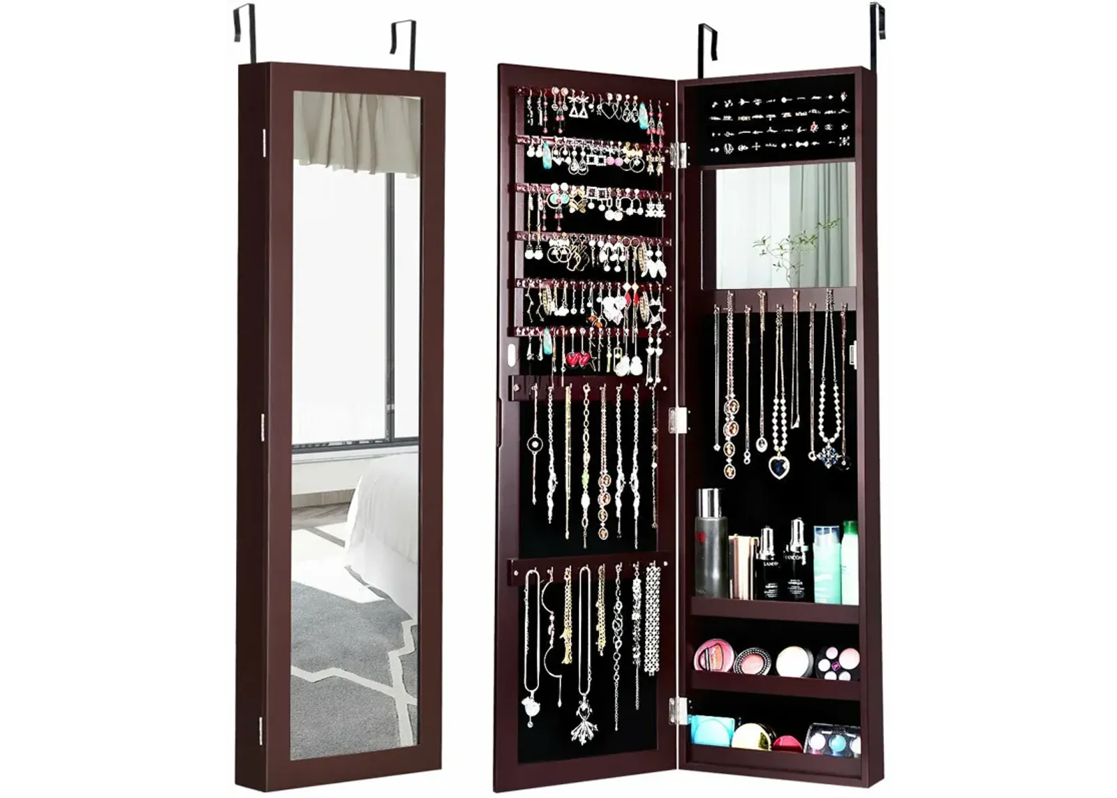 Full Length Mirror Jewelry Cabinet with Ring Slots and Necklace Hooks