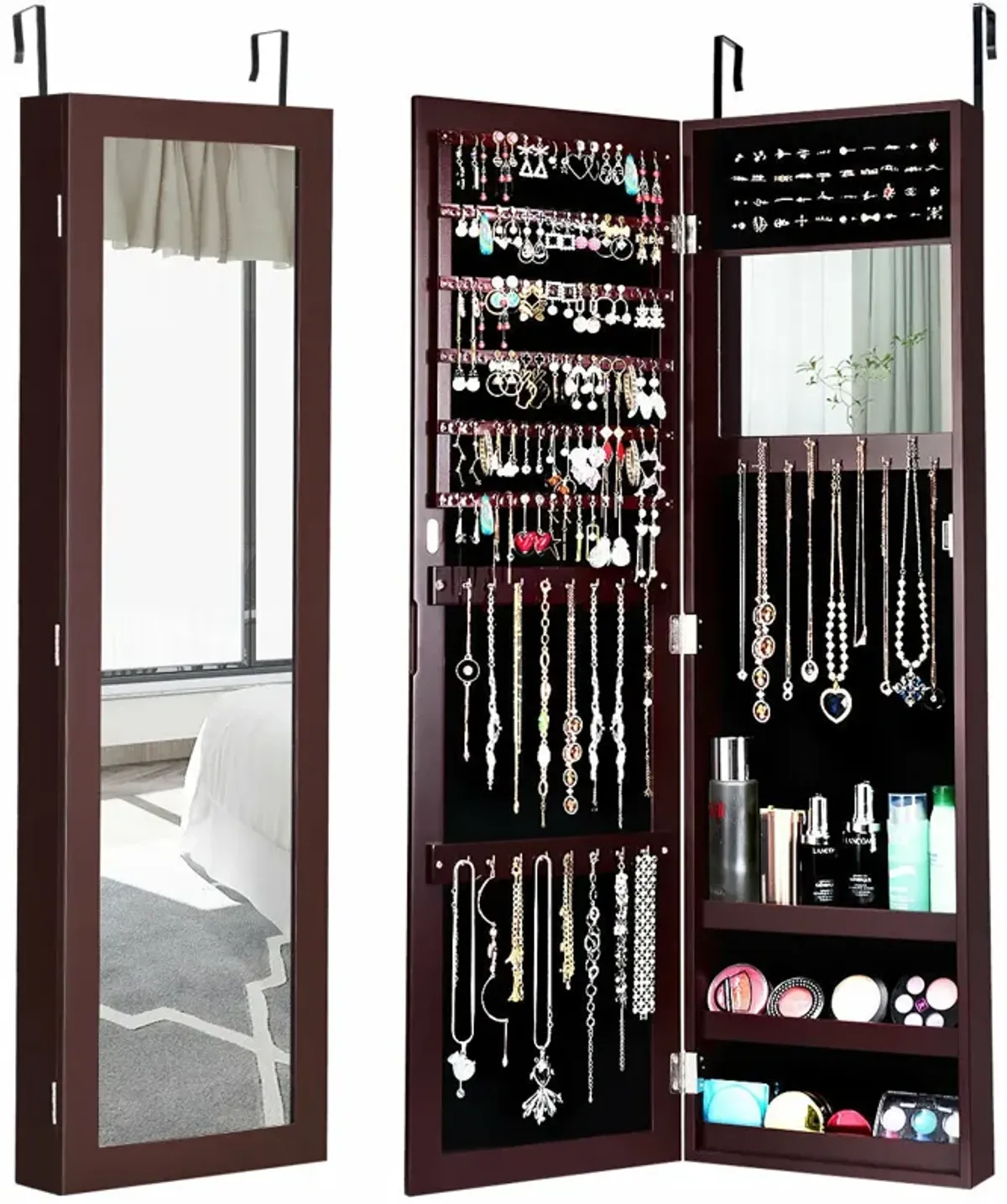 Full Length Mirror Jewelry Cabinet with Ring Slots and Necklace Hooks