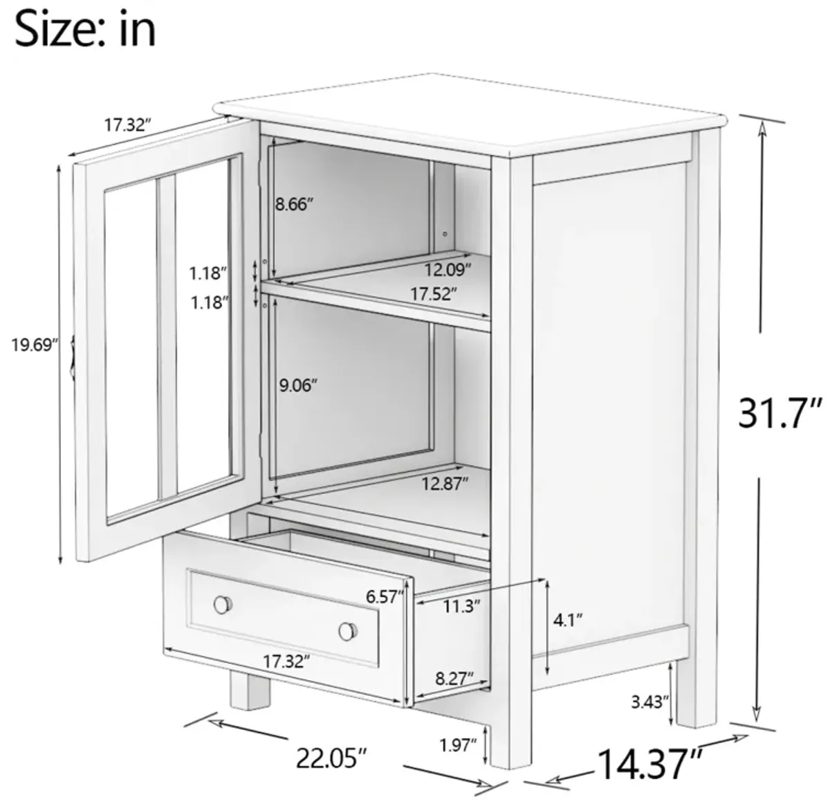 Buffet storage cabinet with single glass doors and unique bell handle