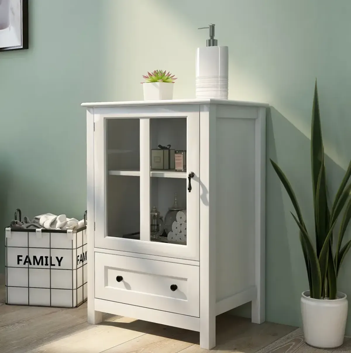 Buffet storage cabinet with single glass doors and unique bell handle